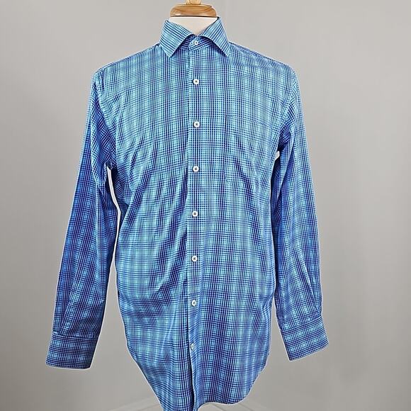 Peter Millar Blue Checker Plaid Long-Sleeve Button-Up Shirt Men's Medium - Picture 2 of 12